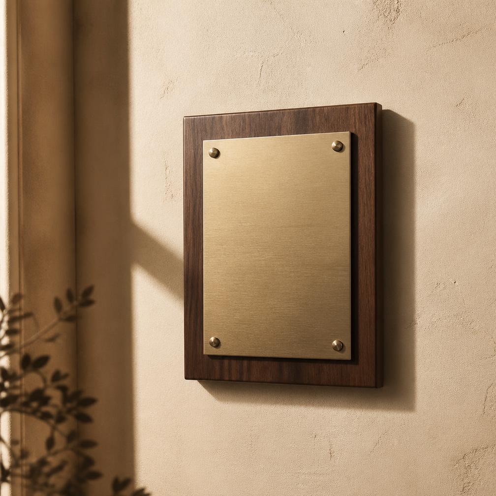 A walnut and brass wall plaque marking a press placement
