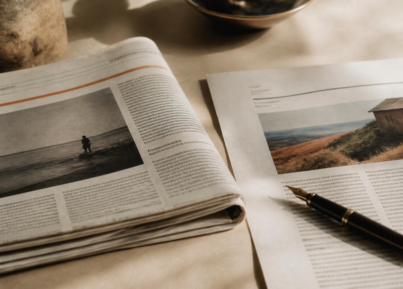 A printed newspaper feature spread on a warm paper desk